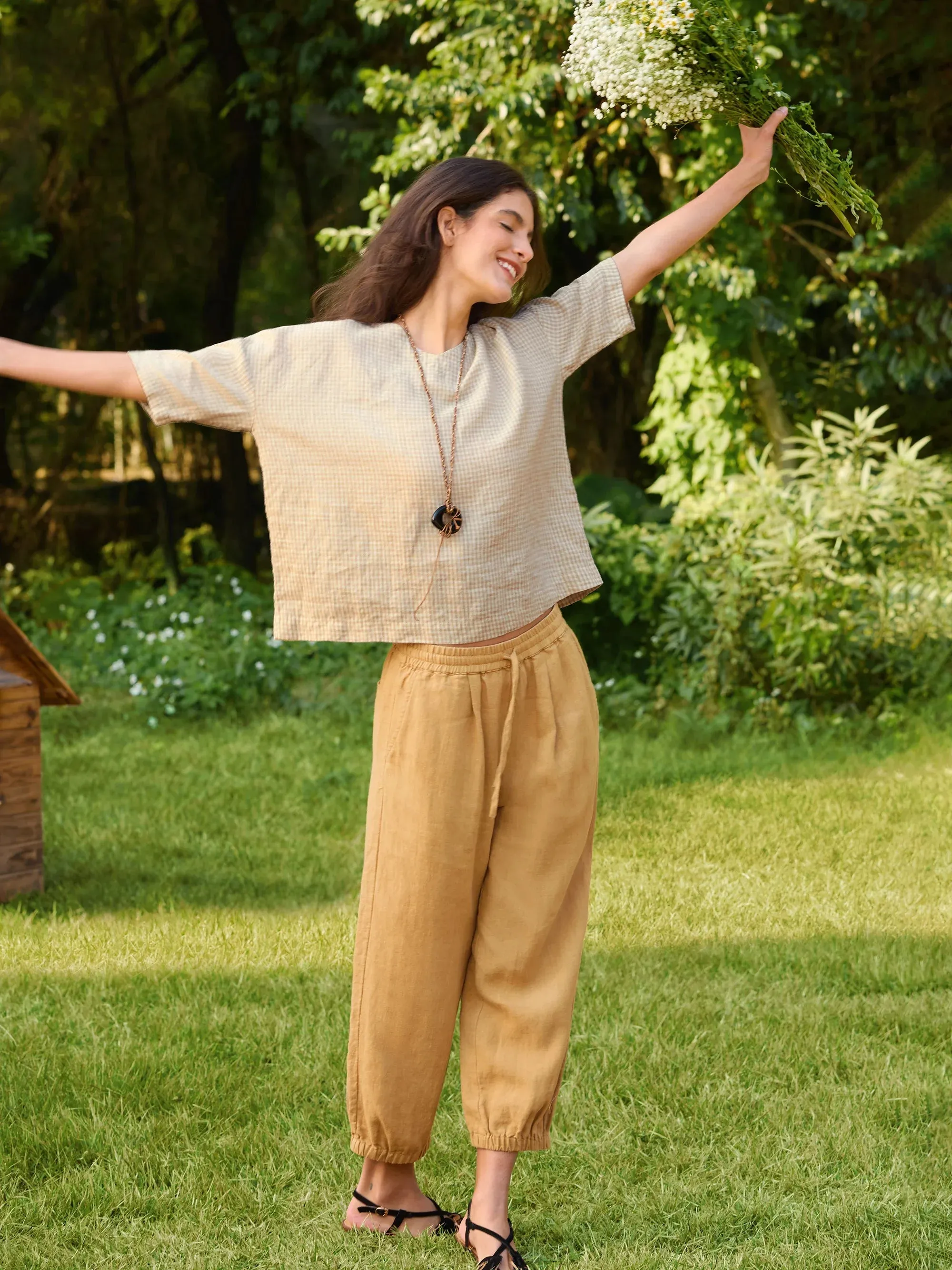 100% Linen Cuffed Ankle-Length Elastic Waist Pants DANIKA