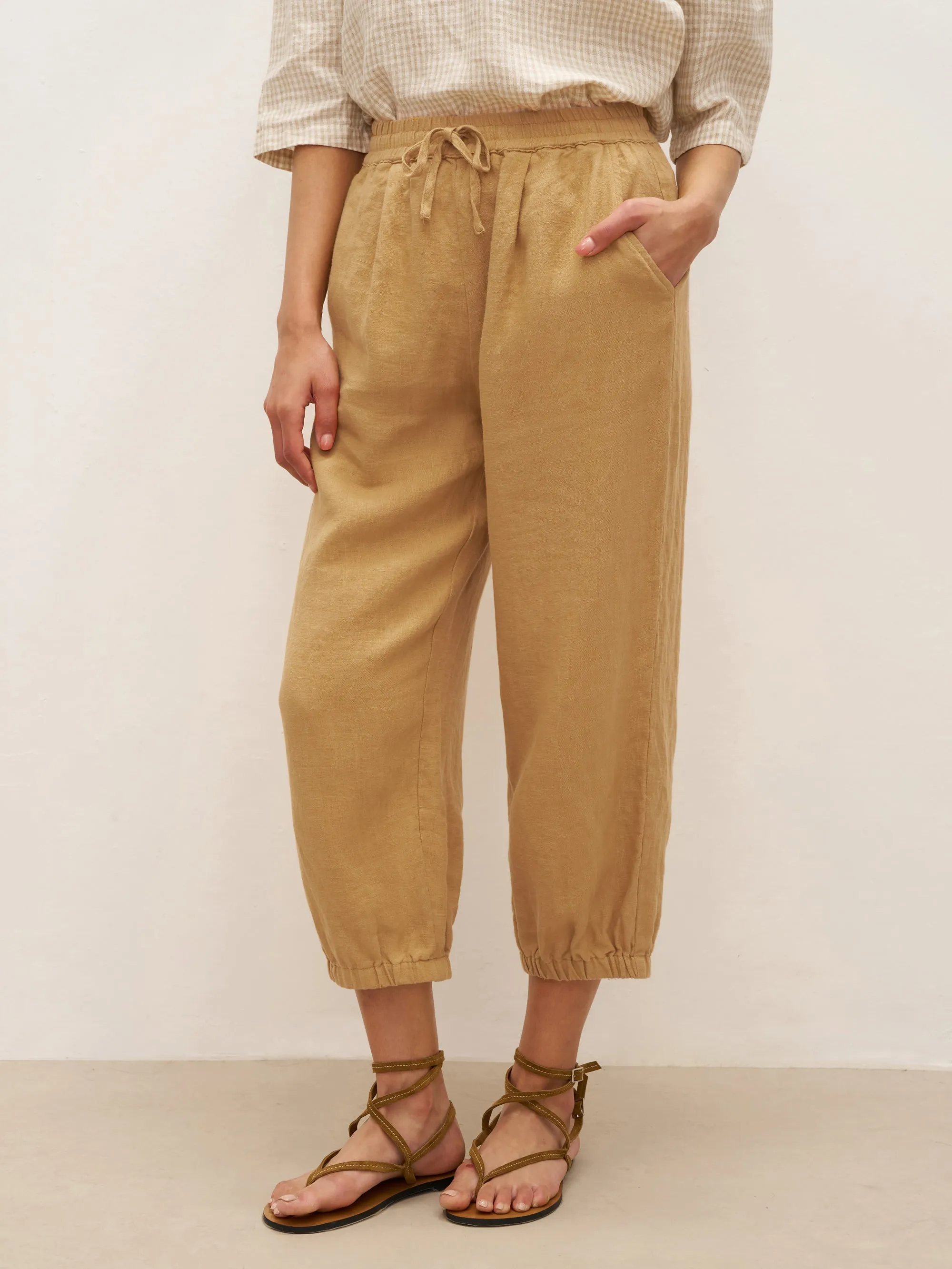 100% Linen Cuffed Ankle-Length Elastic Waist Pants DANIKA