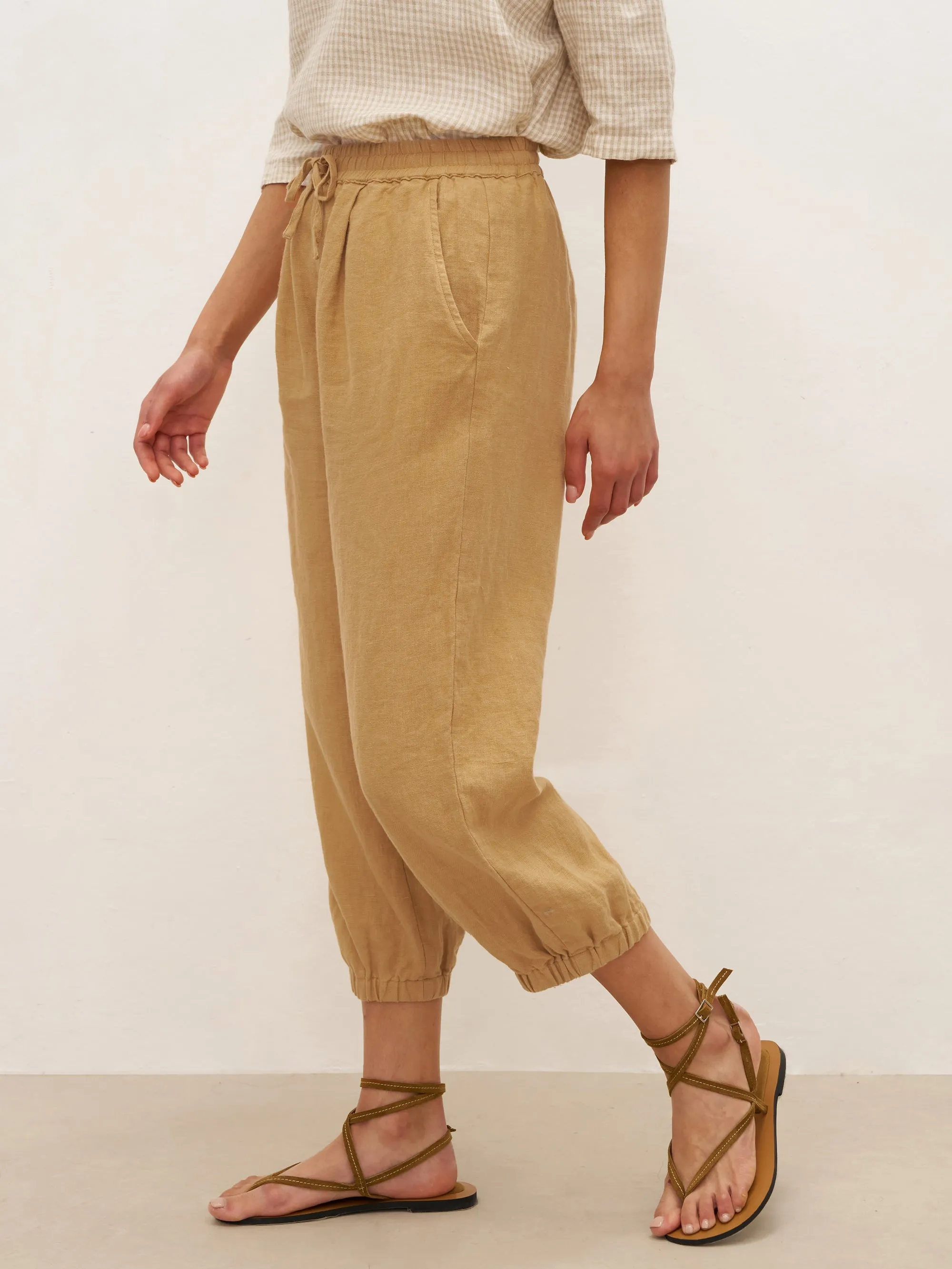 100% Linen Cuffed Ankle-Length Elastic Waist Pants DANIKA