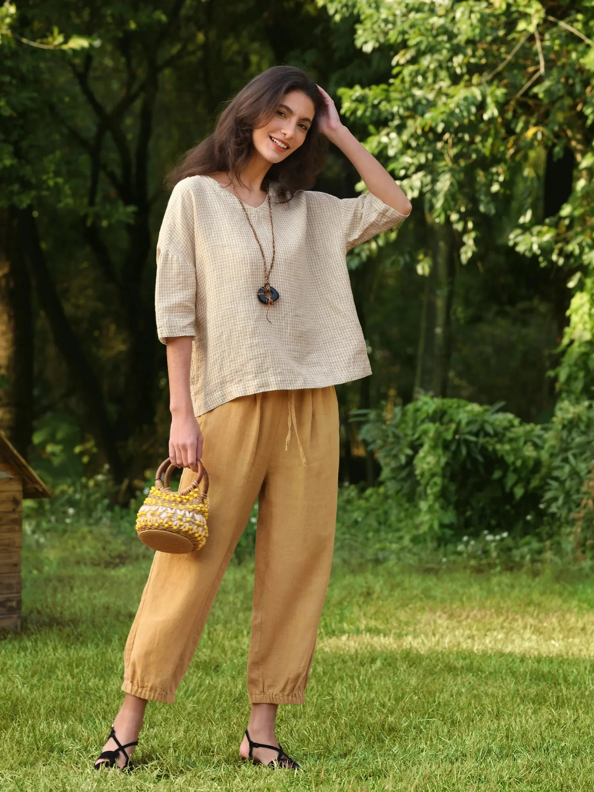100% Linen Cuffed Ankle-Length Elastic Waist Pants DANIKA