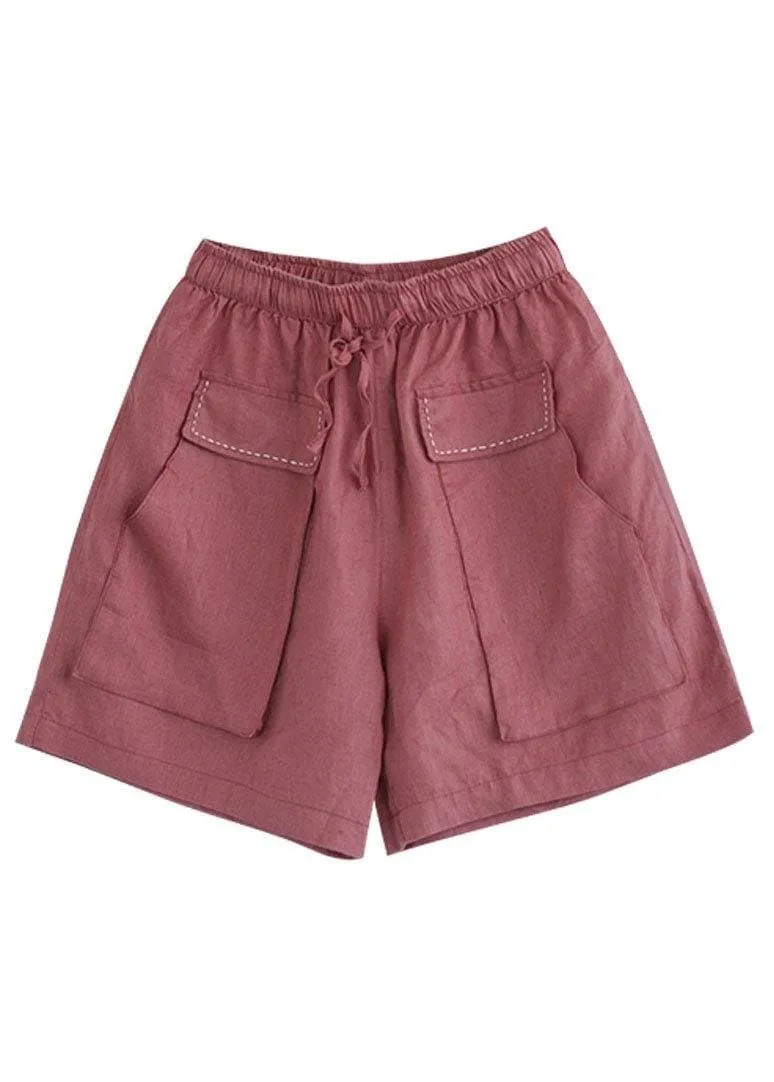 Art Red Tie Waist Patchwork Summer hot Pants Linen