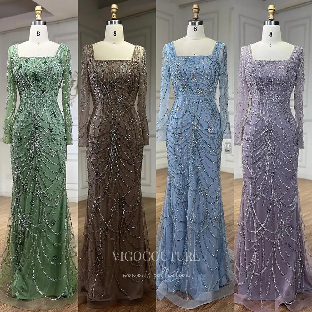 Beaded Mermaid Long Sleeve Prom Dresses Square Neck Pageant Dress 24522