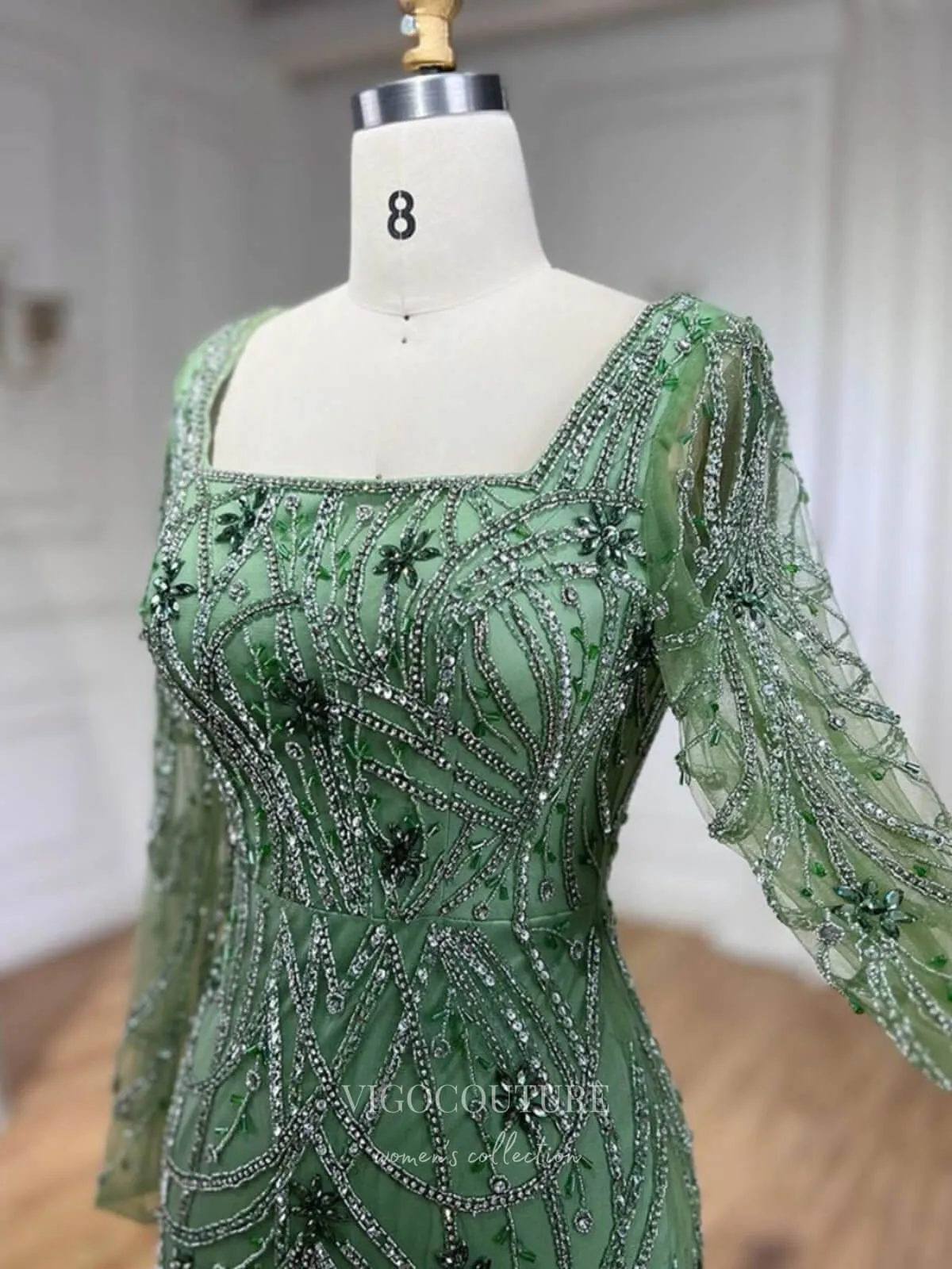 Beaded Mermaid Long Sleeve Prom Dresses Square Neck Pageant Dress 24522