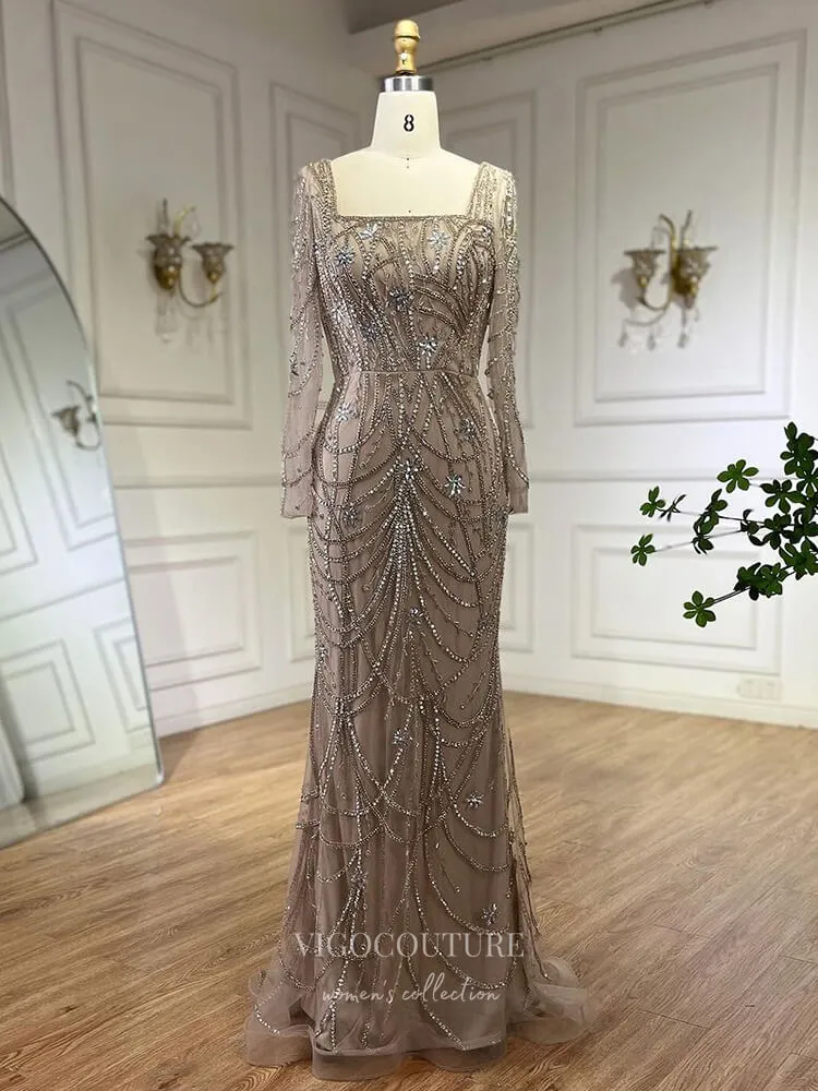 Beaded Mermaid Long Sleeve Prom Dresses Square Neck Pageant Dress 24522