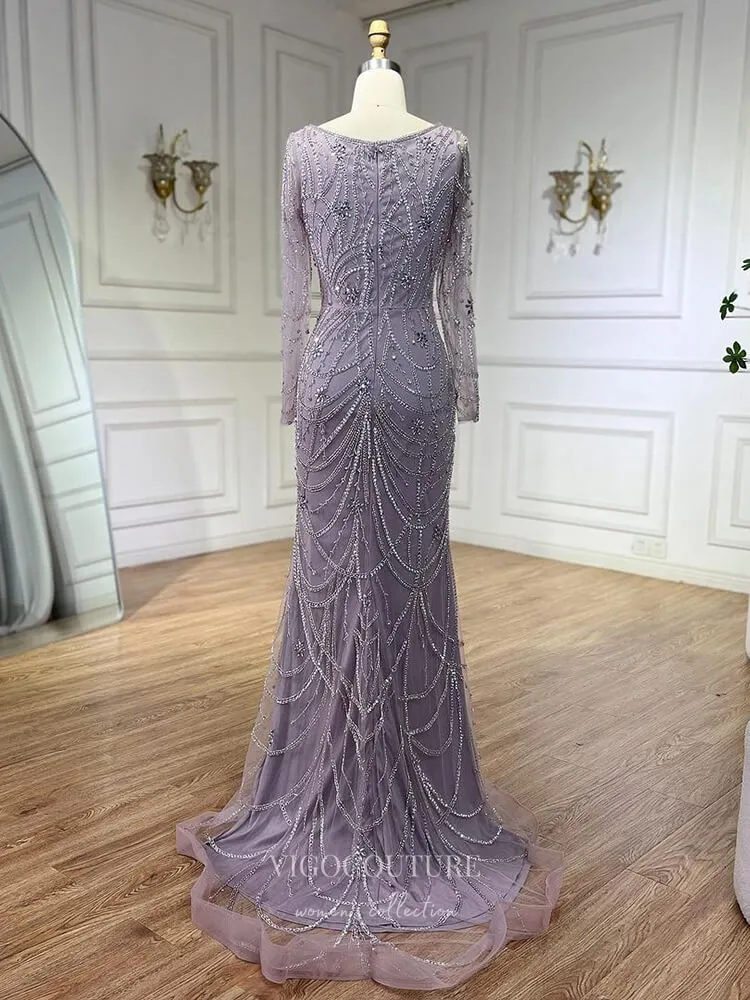Beaded Mermaid Long Sleeve Prom Dresses Square Neck Pageant Dress 24522