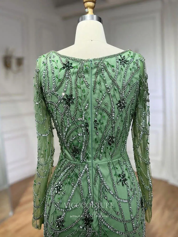 Beaded Mermaid Long Sleeve Prom Dresses Square Neck Pageant Dress 24522