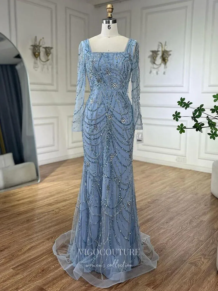 Beaded Mermaid Long Sleeve Prom Dresses Square Neck Pageant Dress 24522