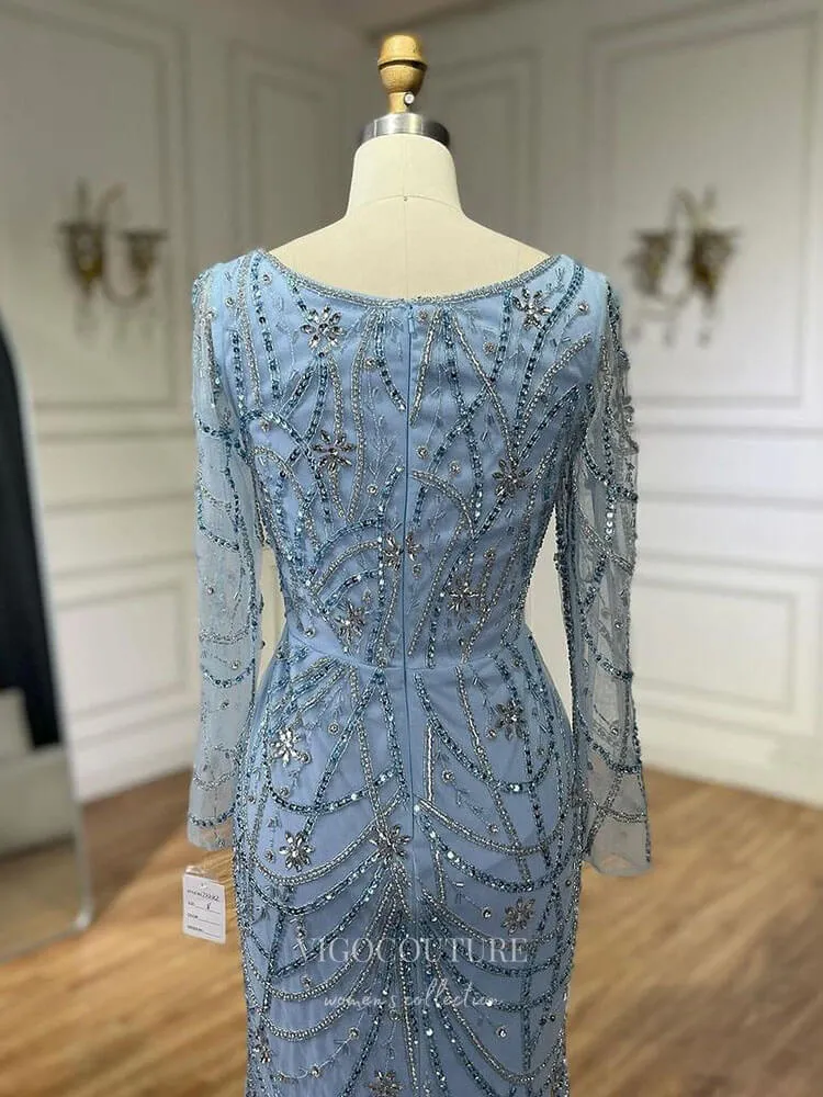 Beaded Mermaid Long Sleeve Prom Dresses Square Neck Pageant Dress 24522