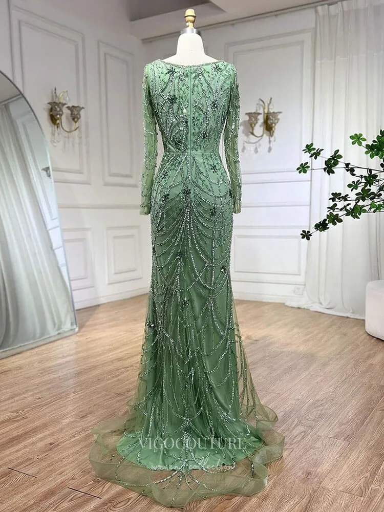 Beaded Mermaid Long Sleeve Prom Dresses Square Neck Pageant Dress 24522