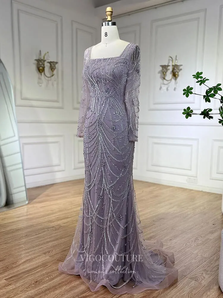 Beaded Mermaid Long Sleeve Prom Dresses Square Neck Pageant Dress 24522