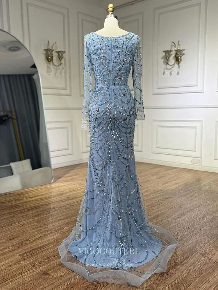 Beaded Mermaid Long Sleeve Prom Dresses Square Neck Pageant Dress 24522