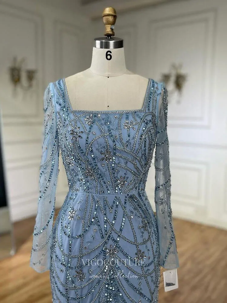Beaded Mermaid Long Sleeve Prom Dresses Square Neck Pageant Dress 24522