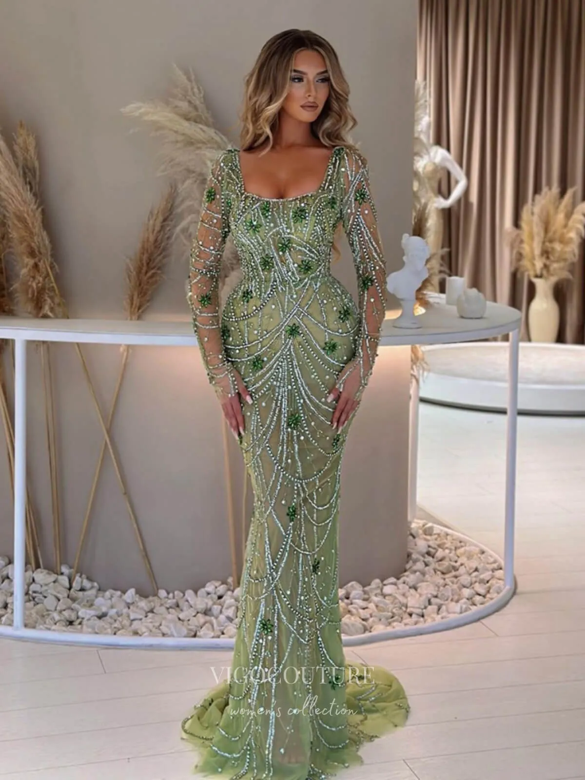 Beaded Mermaid Long Sleeve Prom Dresses Square Neck Pageant Dress 24522