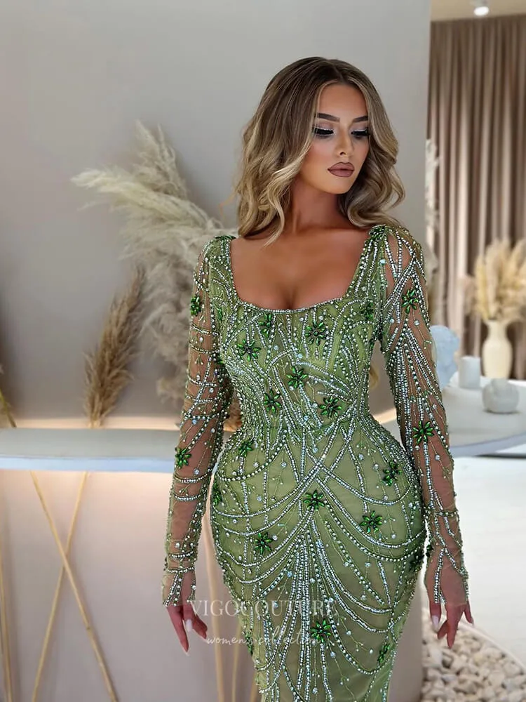 Beaded Mermaid Long Sleeve Prom Dresses Square Neck Pageant Dress 24522