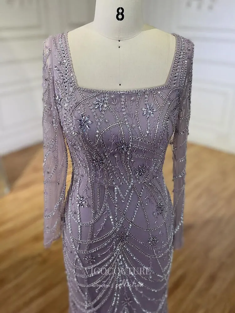 Beaded Mermaid Long Sleeve Prom Dresses Square Neck Pageant Dress 24522