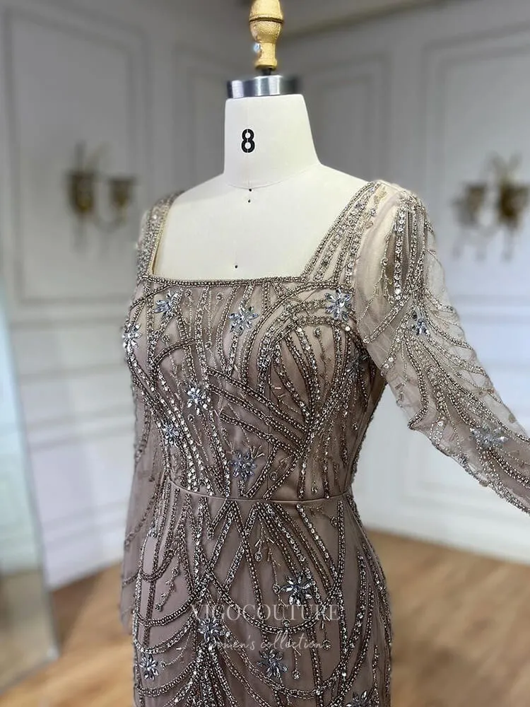 Beaded Mermaid Long Sleeve Prom Dresses Square Neck Pageant Dress 24522