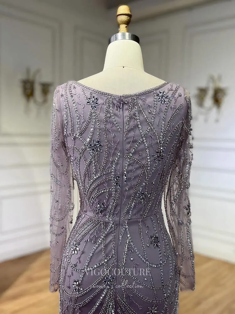Beaded Mermaid Long Sleeve Prom Dresses Square Neck Pageant Dress 24522