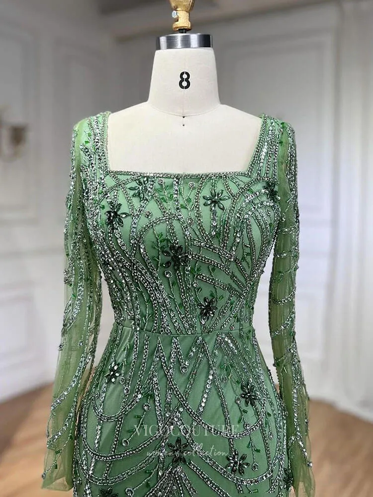 Beaded Mermaid Long Sleeve Prom Dresses Square Neck Pageant Dress 24522