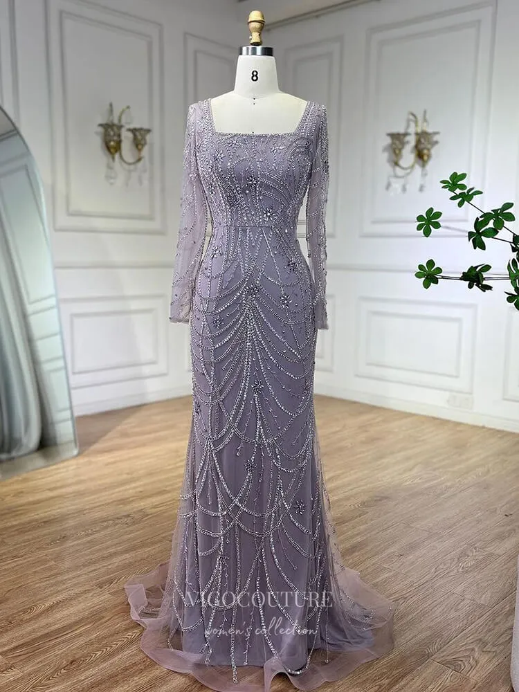 Beaded Mermaid Long Sleeve Prom Dresses Square Neck Pageant Dress 24522