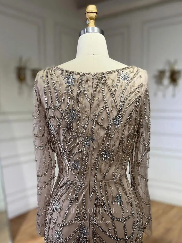 Beaded Mermaid Long Sleeve Prom Dresses Square Neck Pageant Dress 24522