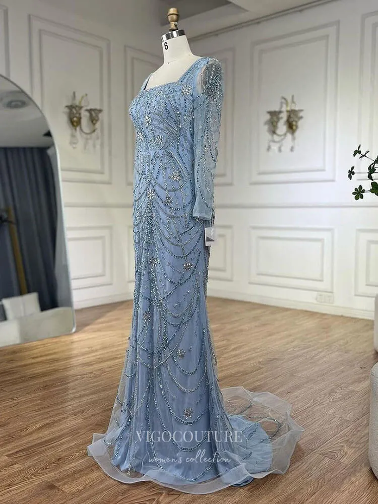 Beaded Mermaid Long Sleeve Prom Dresses Square Neck Pageant Dress 24522