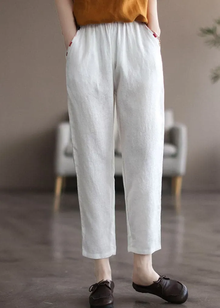 Beautiful White Elastic Waist Solid Linen Harem Pants Summer