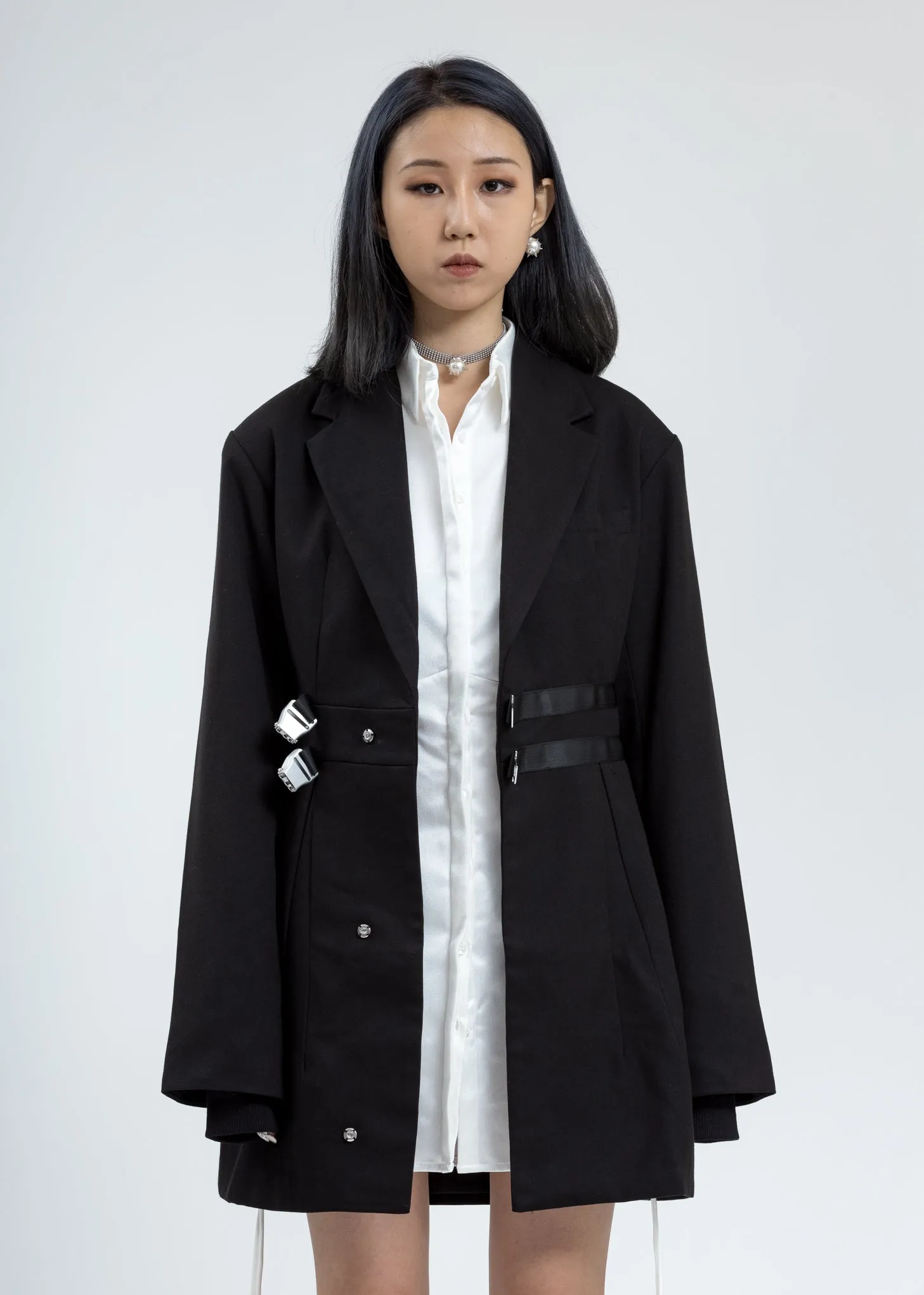 Black Oversized Buckle Wrap Blazer Dress