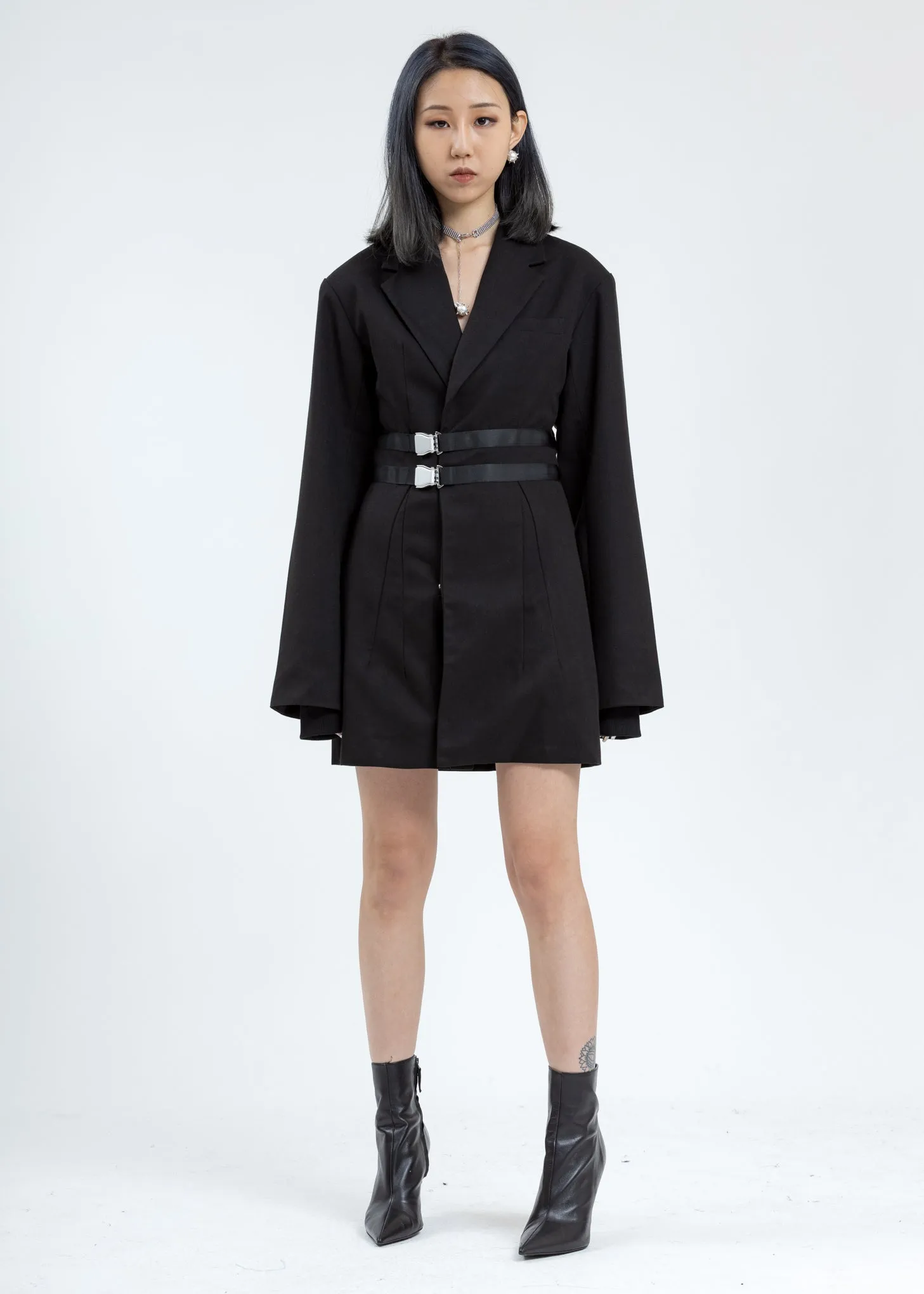 Black Oversized Buckle Wrap Blazer Dress