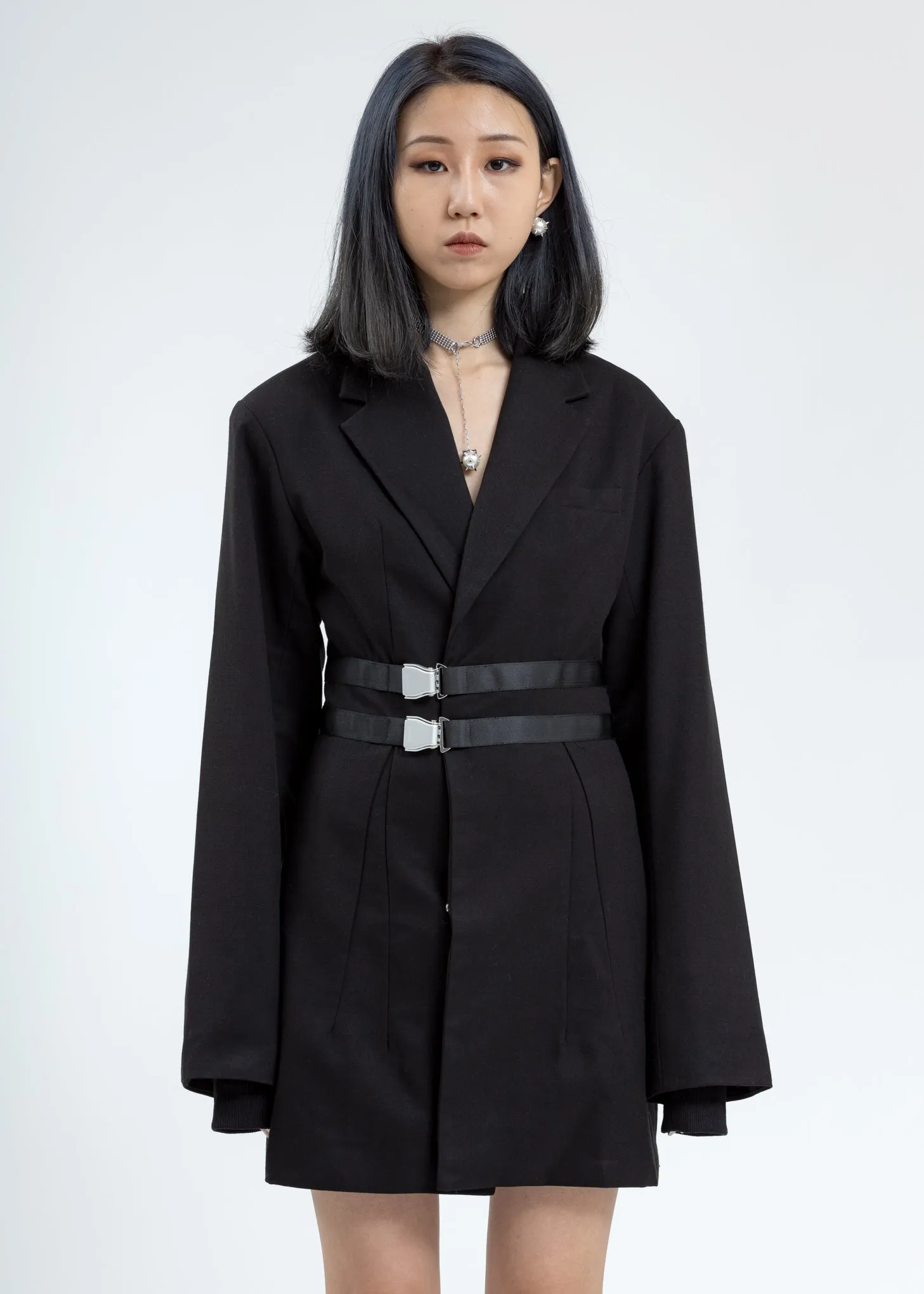 Black Oversized Buckle Wrap Blazer Dress