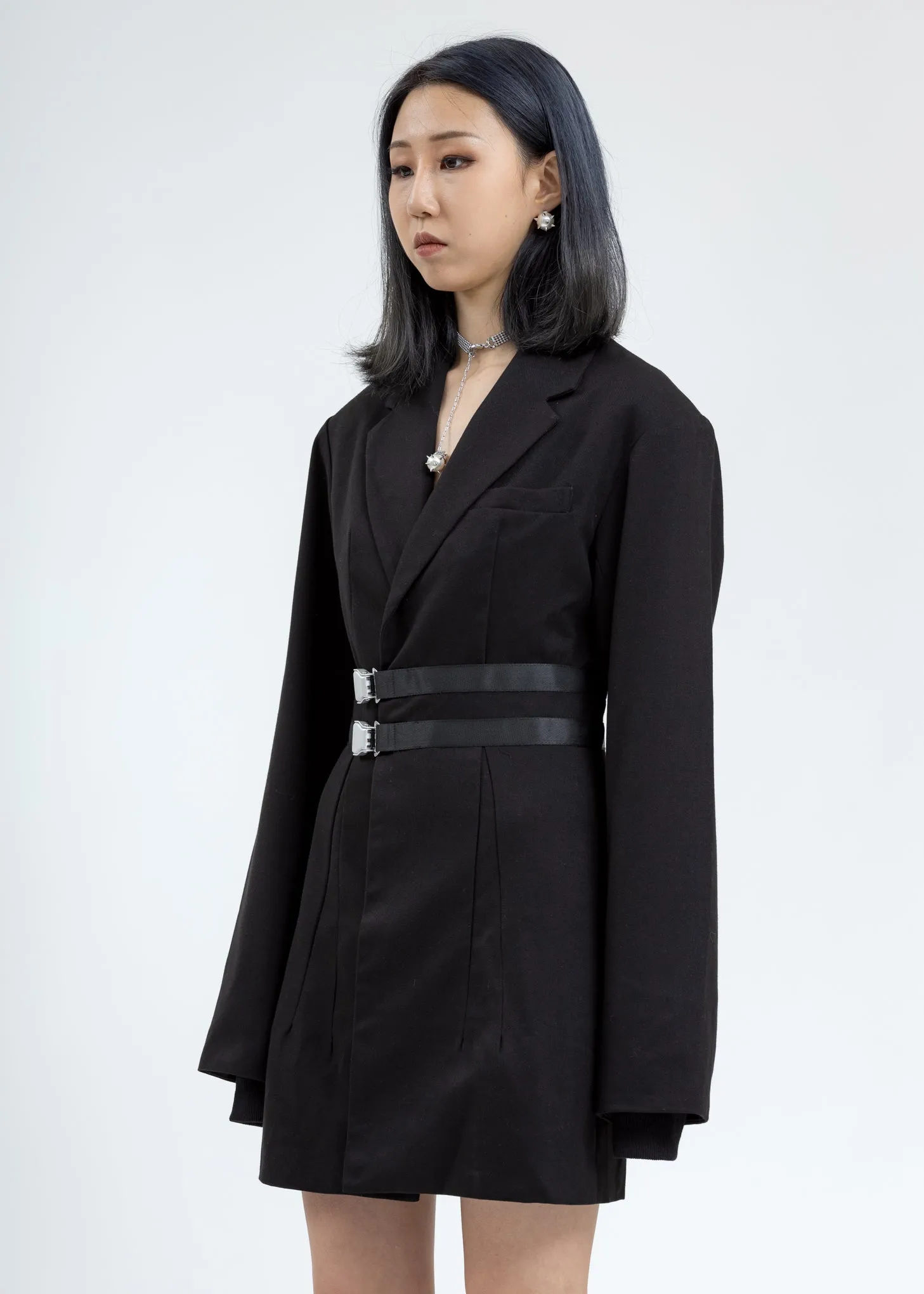 Black Oversized Buckle Wrap Blazer Dress
