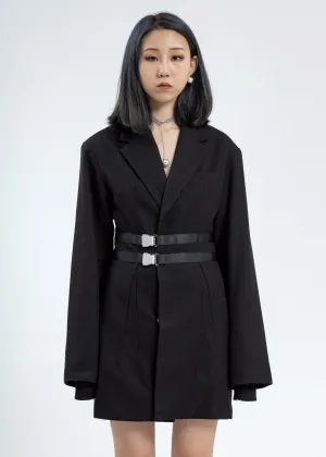 Black Oversized Buckle Wrap Blazer Dress