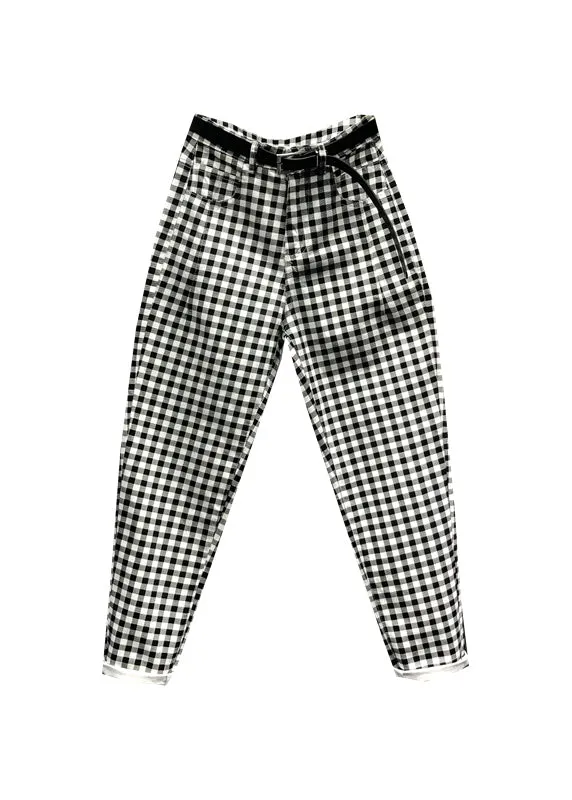 Black Plaid Pockets Patchwork Denim Pants Fall