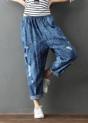 Bohemian Blue Pockets Print Hole Fall Cotton Pants