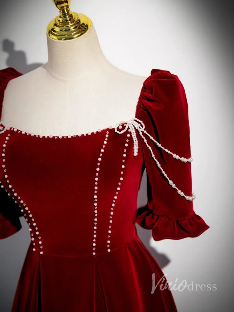 Burgundy Velvet Puffed Sleeve Prom Dresses Pearl String Square Neck 90036