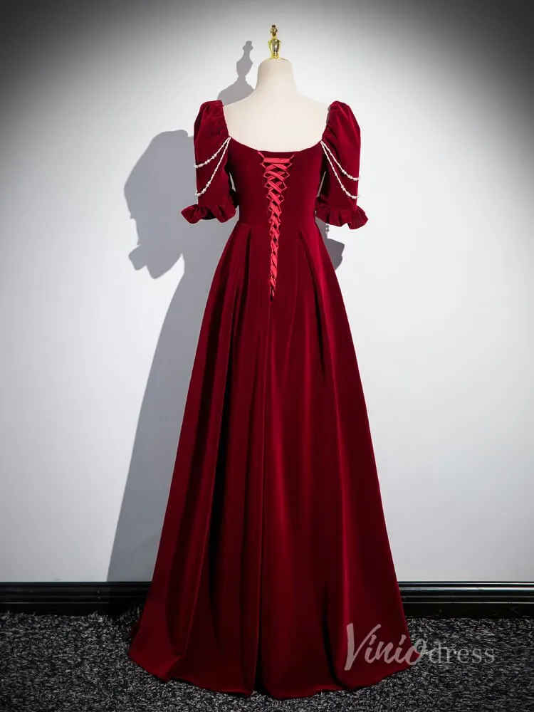 Burgundy Velvet Puffed Sleeve Prom Dresses Pearl String Square Neck 90036