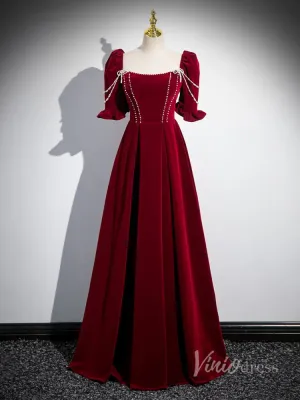 Burgundy Velvet Puffed Sleeve Prom Dresses Pearl String Square Neck 90036