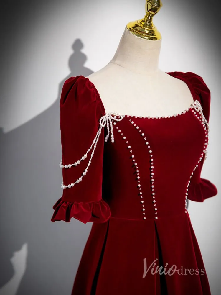 Burgundy Velvet Puffed Sleeve Prom Dresses Pearl String Square Neck 90036