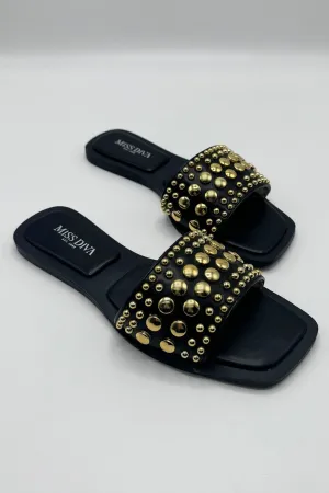 Calista Stud Embedded Strap Sliders in Black