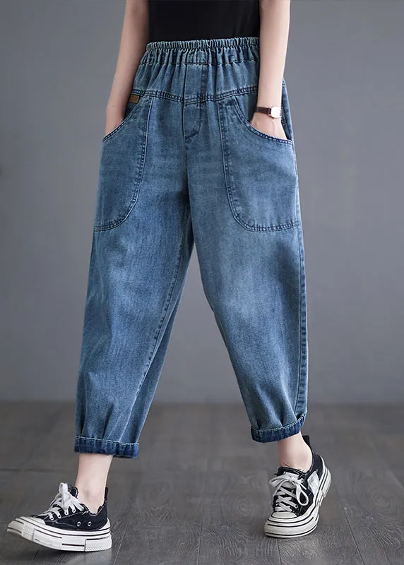 Casual Blue Elastic Waist Pockets Denim Harem Pants Summer LY7236