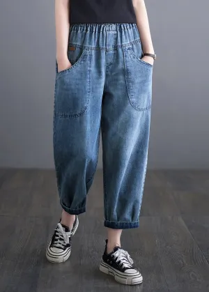 Casual Blue Elastic Waist Pockets Denim Harem Pants Summer LY7236