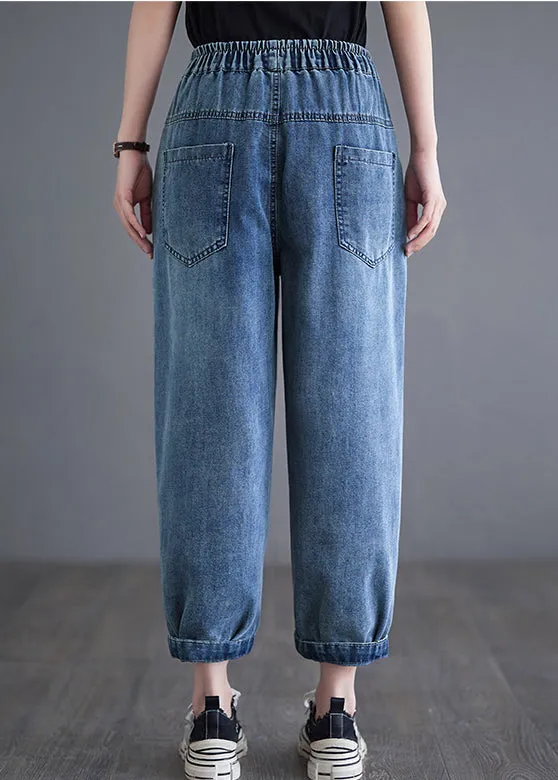Casual Blue Elastic Waist Pockets Denim Harem Pants Summer LY7236
