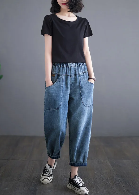 Casual Blue Elastic Waist Pockets Denim Harem Pants Summer LY7236