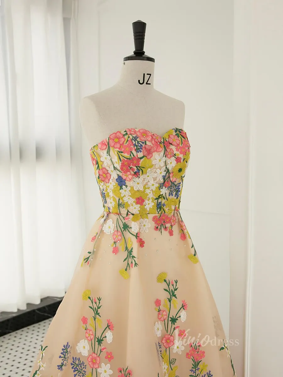 Champagne Lace Applique Prom Dresses Strapless Maxi Dress 90065
