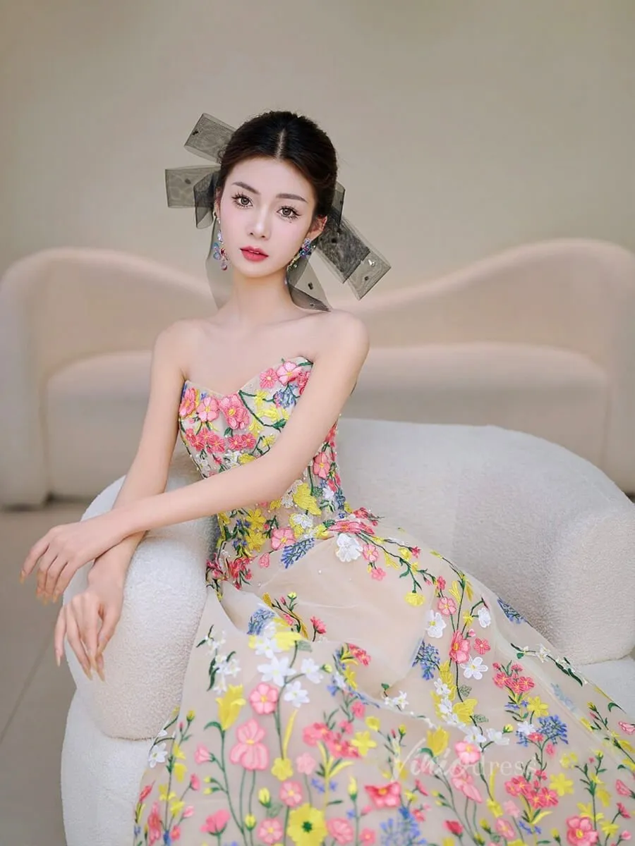Champagne Lace Applique Prom Dresses Strapless Maxi Dress 90065