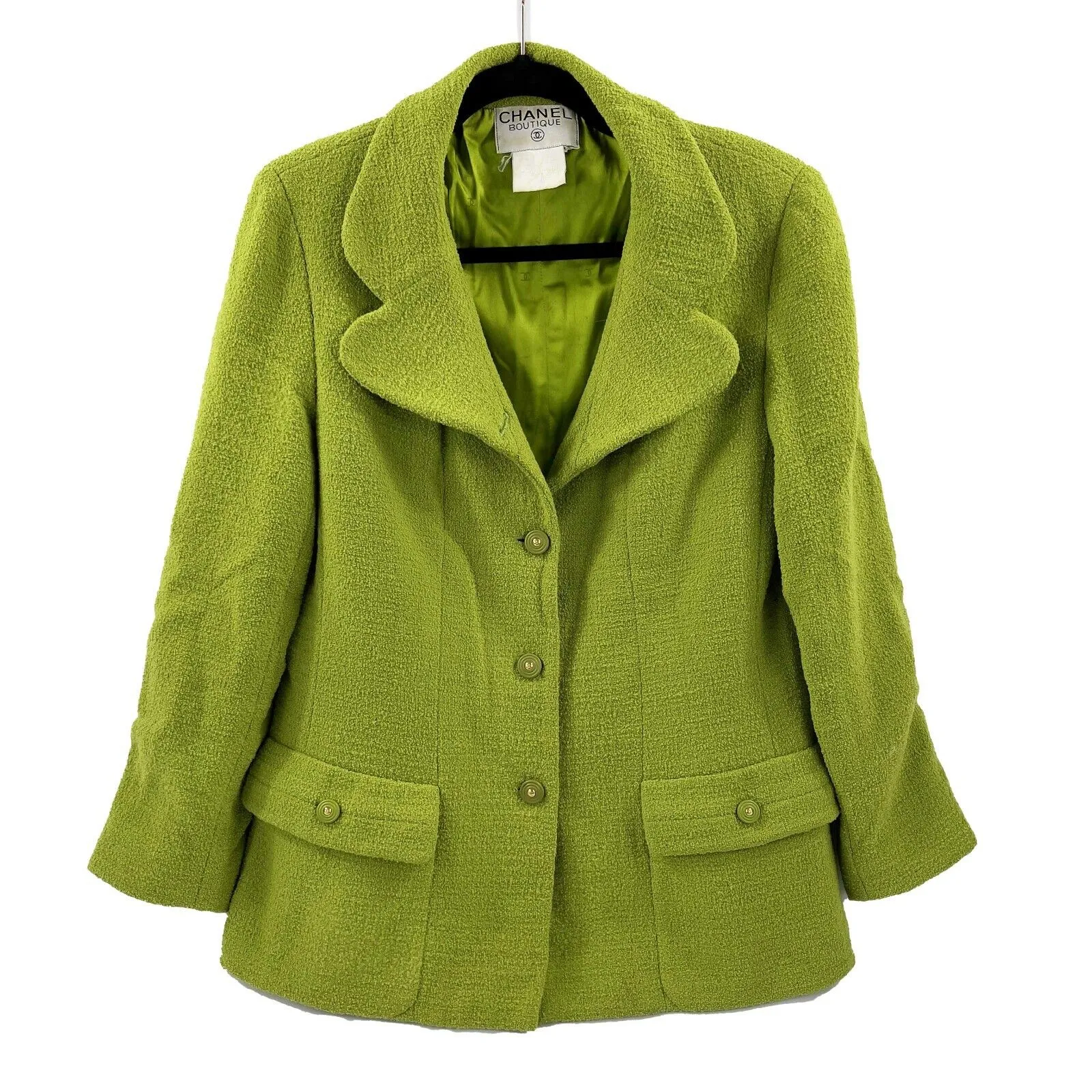 Chanel - 90s Lime Green Boucle Wool Sport Coat Blazer - CC Buttons - 42 / US 10