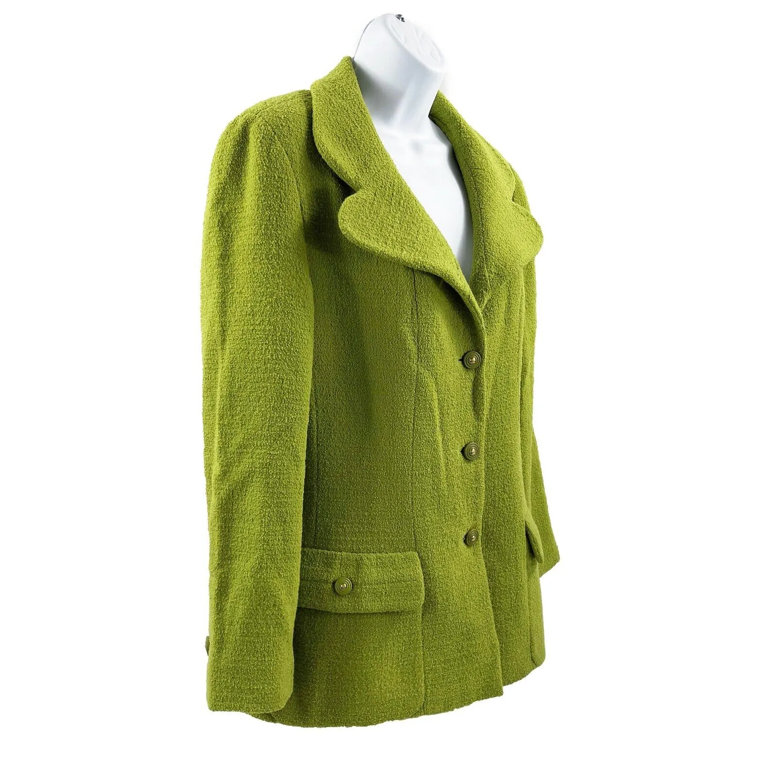 Chanel - 90s Lime Green Boucle Wool Sport Coat Blazer - CC Buttons - 42 / US 10
