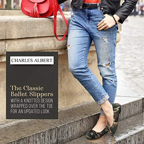 Charles Albert Ballet Flats for Women, Knotted Front Canvas Round Toe Dress Shoe, Black, 9
