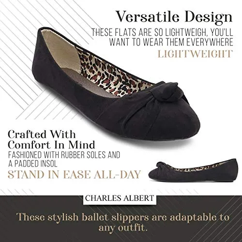 Charles Albert Ballet Flats for Women, Knotted Front Canvas Round Toe Dress Shoe, Black, 9