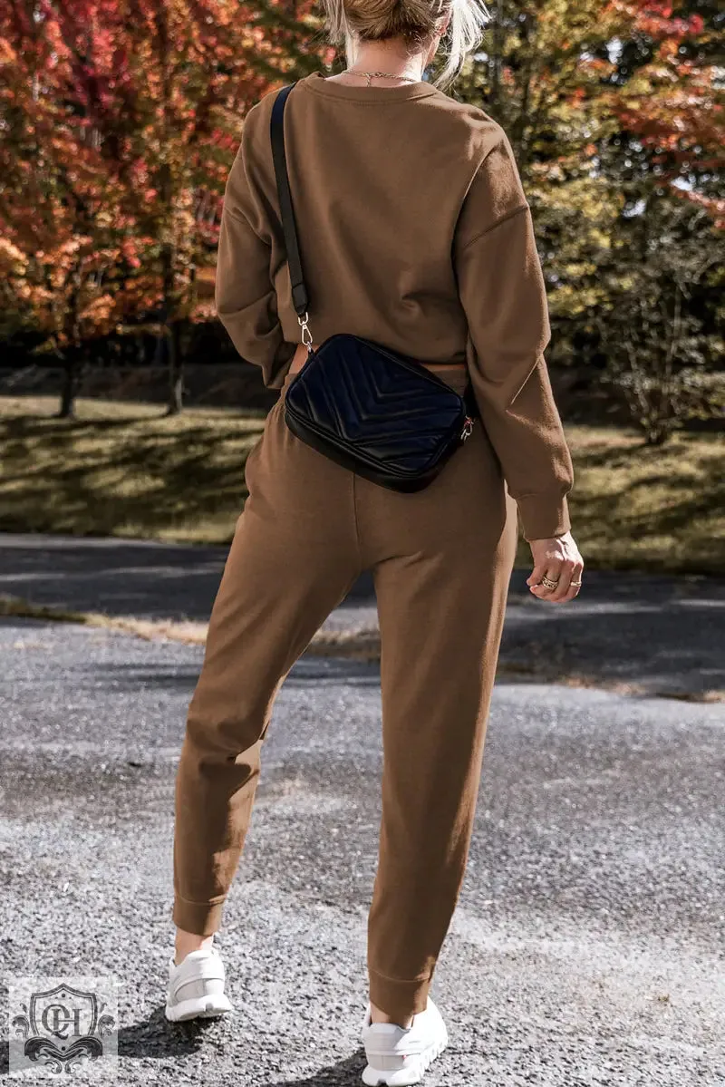Coffee Solid Color High Low Pullover and Skinny Pants Set