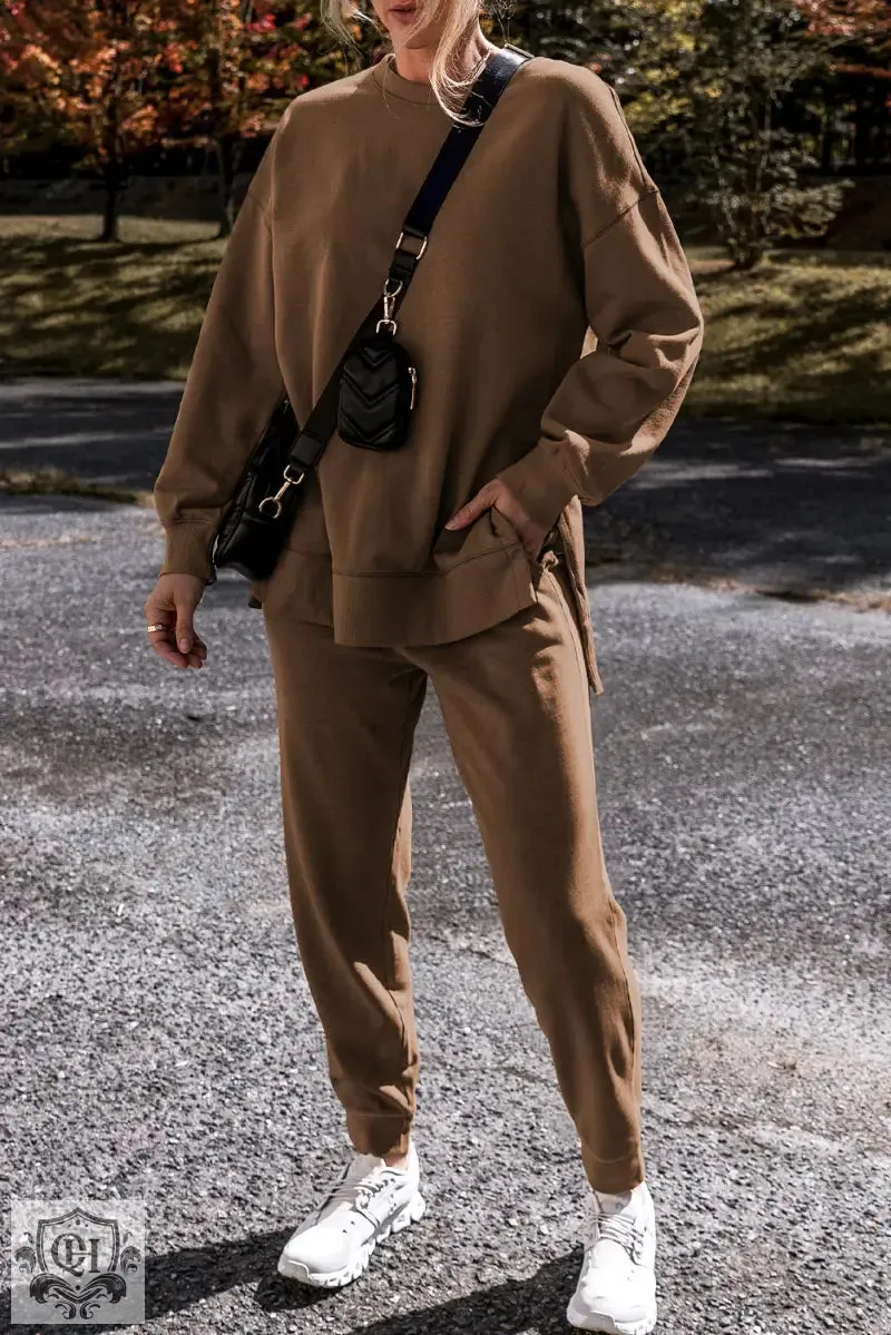 Coffee Solid Color High Low Pullover and Skinny Pants Set